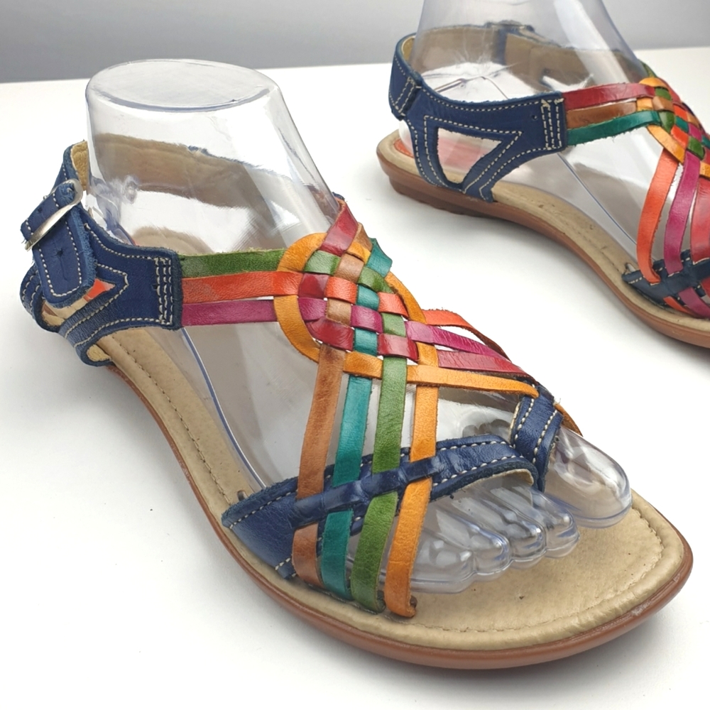 Artesanias Arias colorful strappy sandals adjustable buckle boho leather size 9